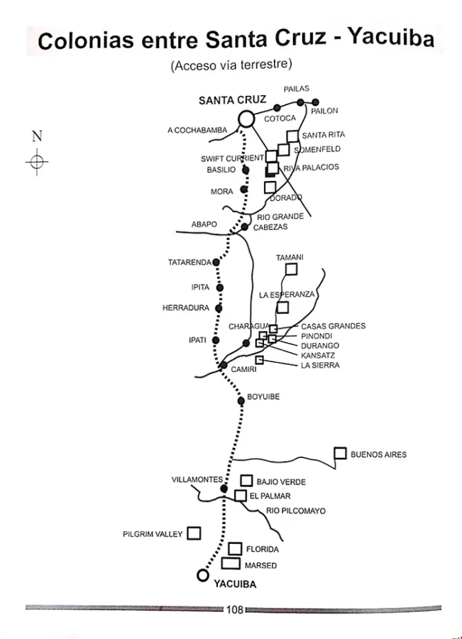 Mapa de colonias menonitas entre Santa Cruz y Yacuiba