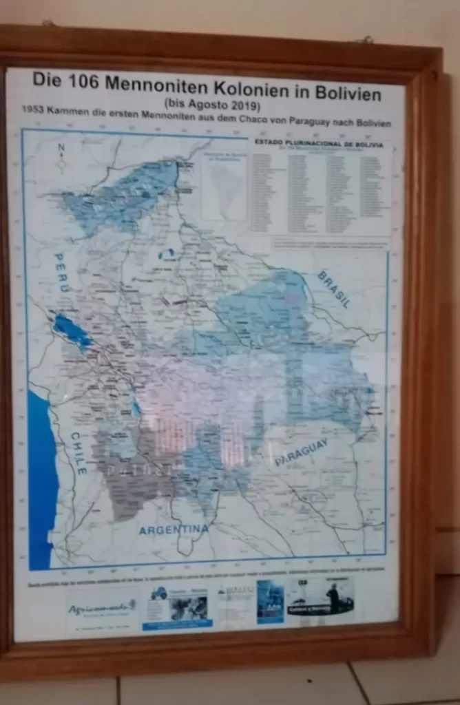 Mapa sobre las colonias menonita en Bolivia elaborado en 2019 con información obtenida