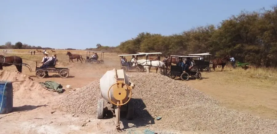 Menonitas ortodoxos en sus buggies para reclamar  por la construcción de la escuela